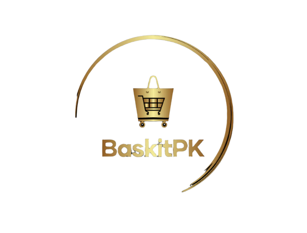 Logo of BaskitPK with a shopping cart icon on a black background